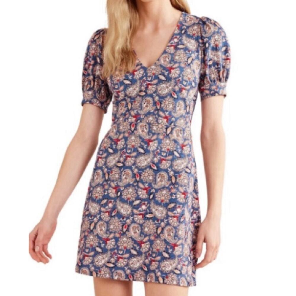 Boden V-Neck Jersey Mini Dress 16/18 Navy Paisley Terrace Short Boho